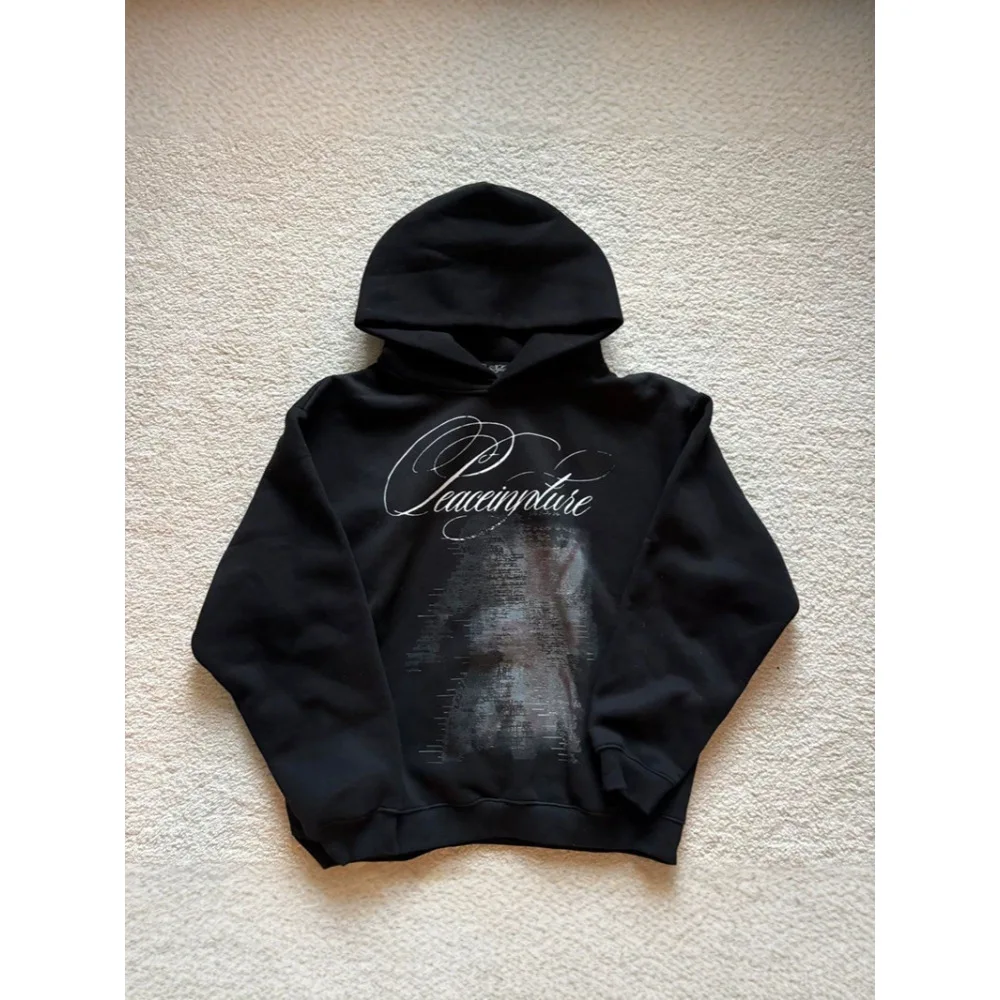 Autumn Winter Unisex Hoodie, Retro Tattoo‑Letter Broken Portrait Print Street Trend Long Sleeve Pullover Hooded Sweatshirt