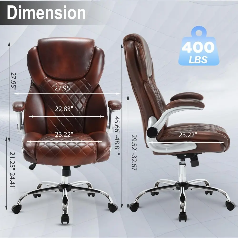 Leather Office Chair Brown with Lip Up Arms, Big and Tall High Back Executive Office Desk Chairs with Wheels, Rocking Managerial