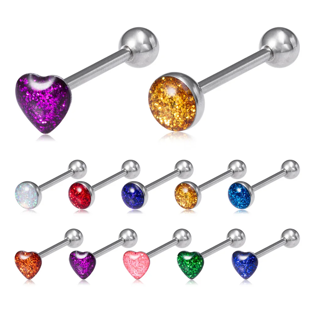 

1pc Sexy Piercings Tongue Rings Stud Bar Women Men Surgical Steel Heart Round Shape Top Tongue Piercing Barbell Body Jewelry 14G