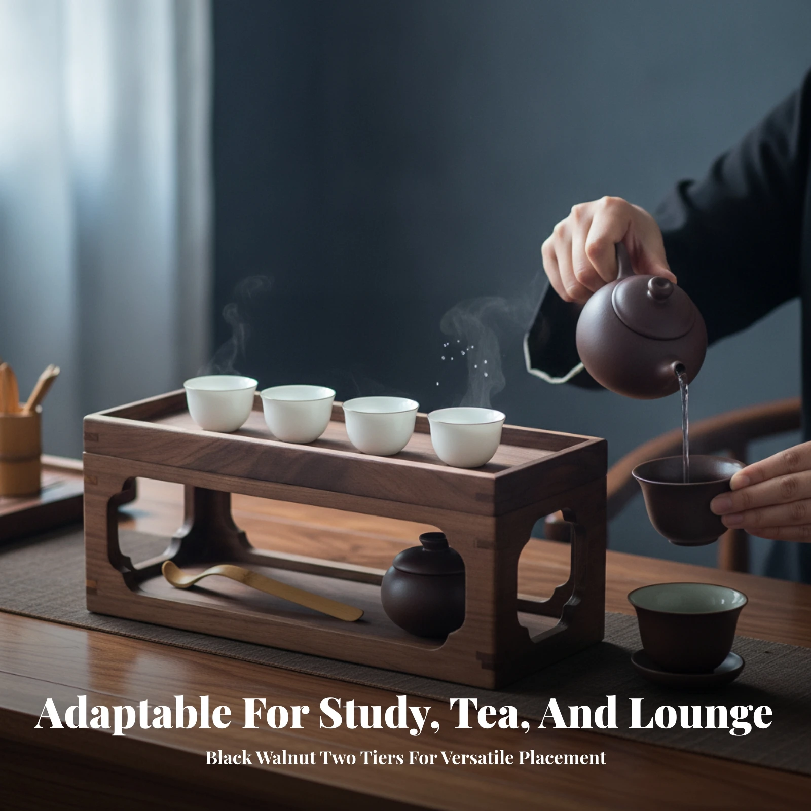 Wooden Desktop Storage Rack Solid Wood Tabletop Organizer with Raised Tray Wooden Tea Ware Display Rack No Assembly Required