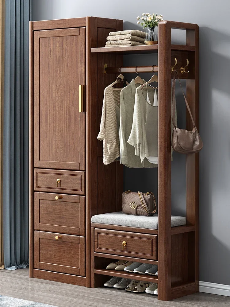 

Coat Rack Walnut Home Shoe Cabinet Shoe Changing Stool Integrated Entrance Cabinet Storage Cabinet