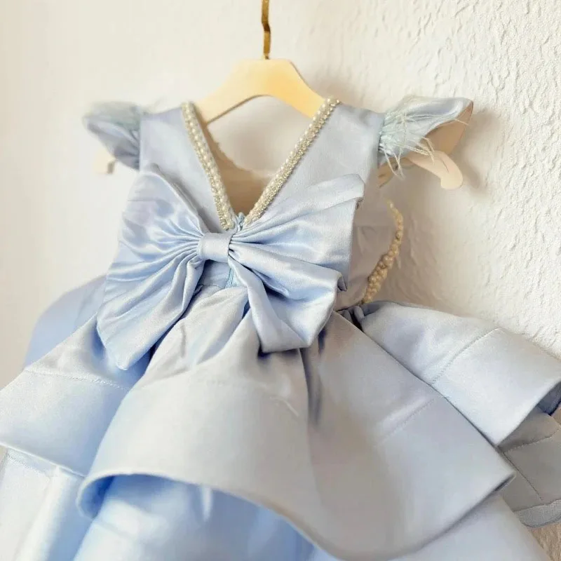 Customized Blue Flower Girl Dress With Bows Beaded Feathers Communion Ball Birthday Princess Graduation Ceremony Wedding Party