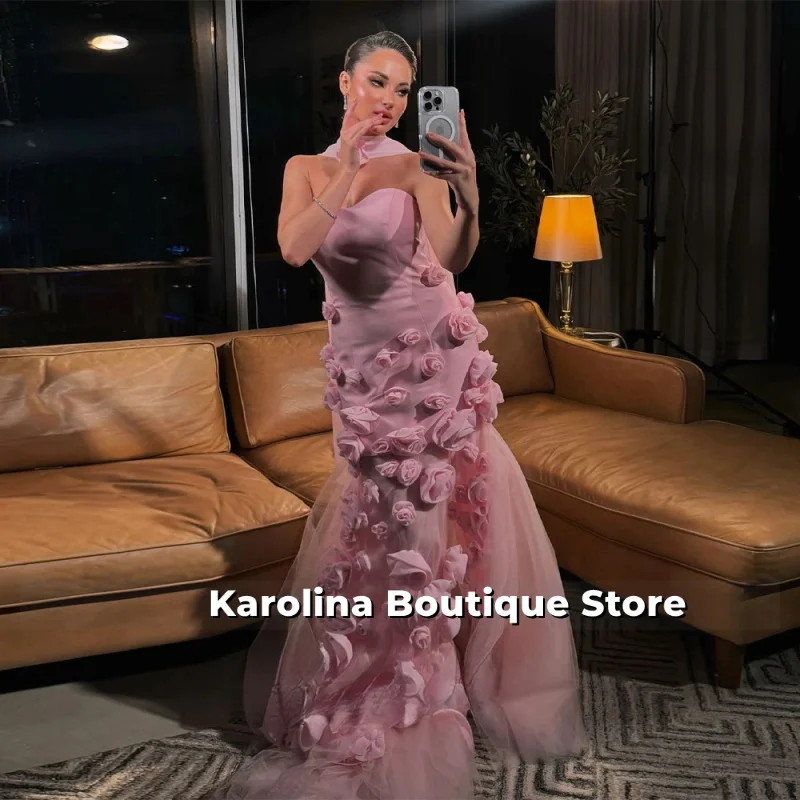 فساتين سهرة خيالية للنساء مع زهرة ثلاثية الأبعاد بدون أكمام على شكل بوق على شكل قلب فيستدوس دي غالا مخصصة #1