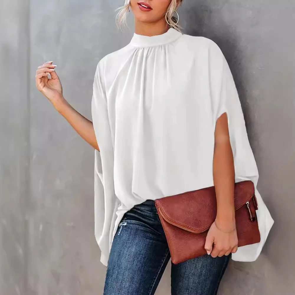 Women\'s Cape Sleeve Oversize Blouse Tie Closure High Neckline Caftan Body Loose Tops