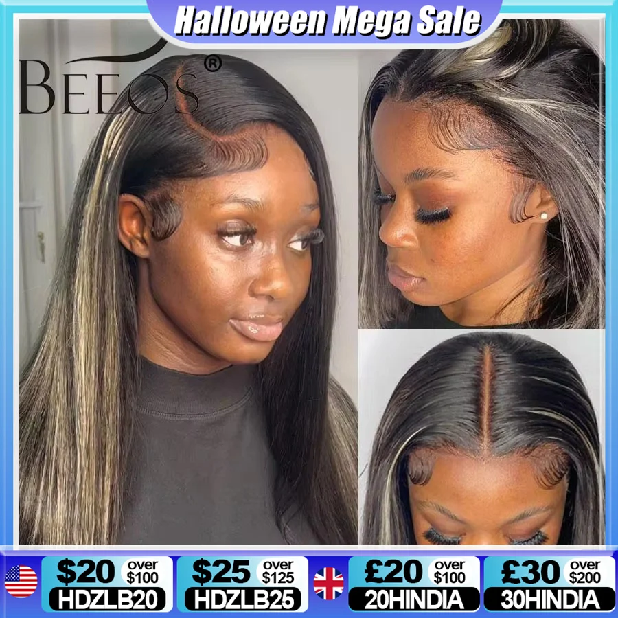 Iluminación de Oreo # 1b/27 13x6 HD transparente encaje Frontal peluca de cabello humano hueso de color recto Pre desplumado nudos blanqueados para mujeres