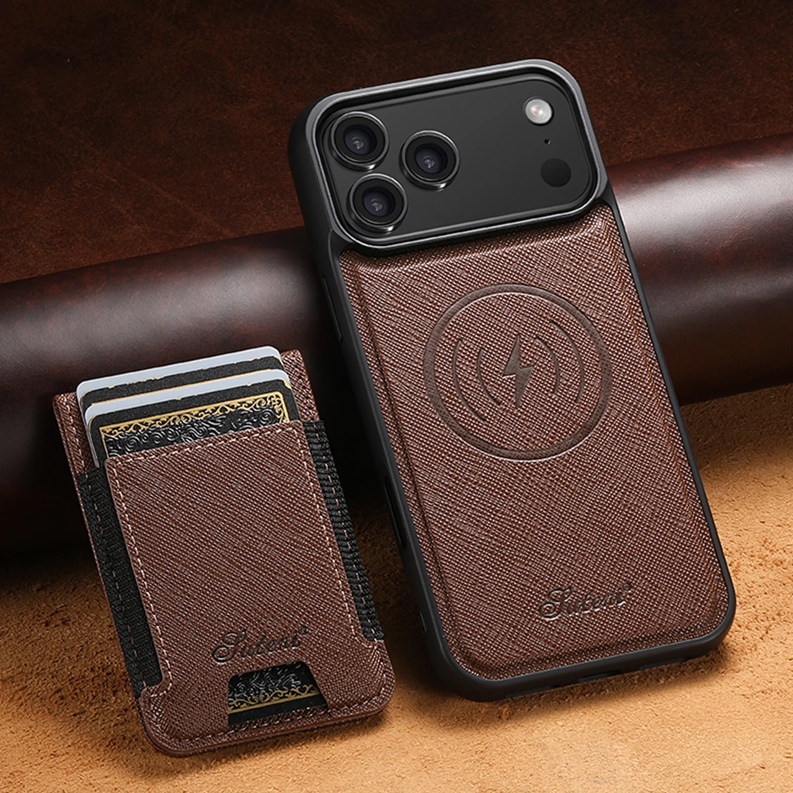 SUTENI Kabelloses Lade-Magnet-Handycase mit Elastischem Band, Kartenhalter und Ständer aus Kunstleder für iPhone 18 Pro Max 17 16 Plus 15 14 13
