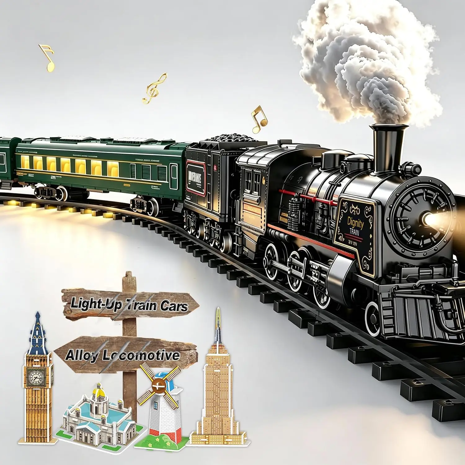 Rechargeable Electric Train Set with Steam Locomotive, Passenger Carriages, Tracks, Lights & Sounds, Metal Alloy Christmas Toy Train for Boys and Girls, Birthday Gift for Kids Ages 3 4 5 6 7 8+, Green