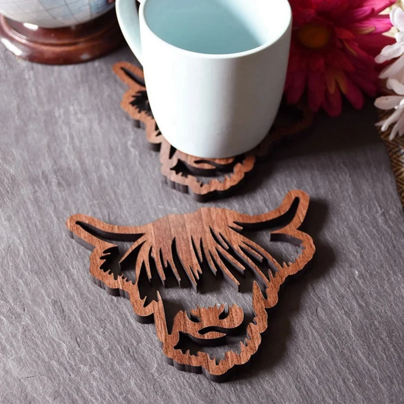 Animal Design Wooden Coasters,Wooden Highland Cow Coasters,4 PCS Scottish Highland Cow Coasters, Coasters With Base Durable