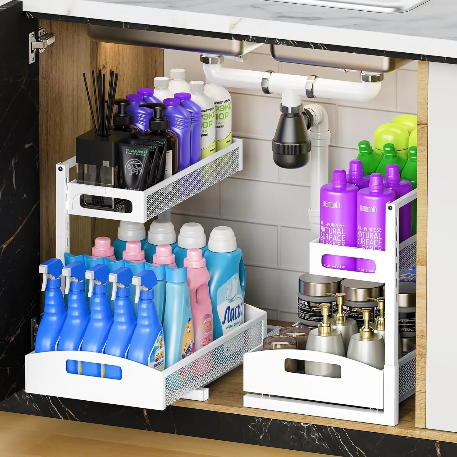 

5-Level Adjustable Under Sink Organizer with Smooth Drawer, Multi-Purpose Storage Rack for Kitchen Bathroom (2-Pack)