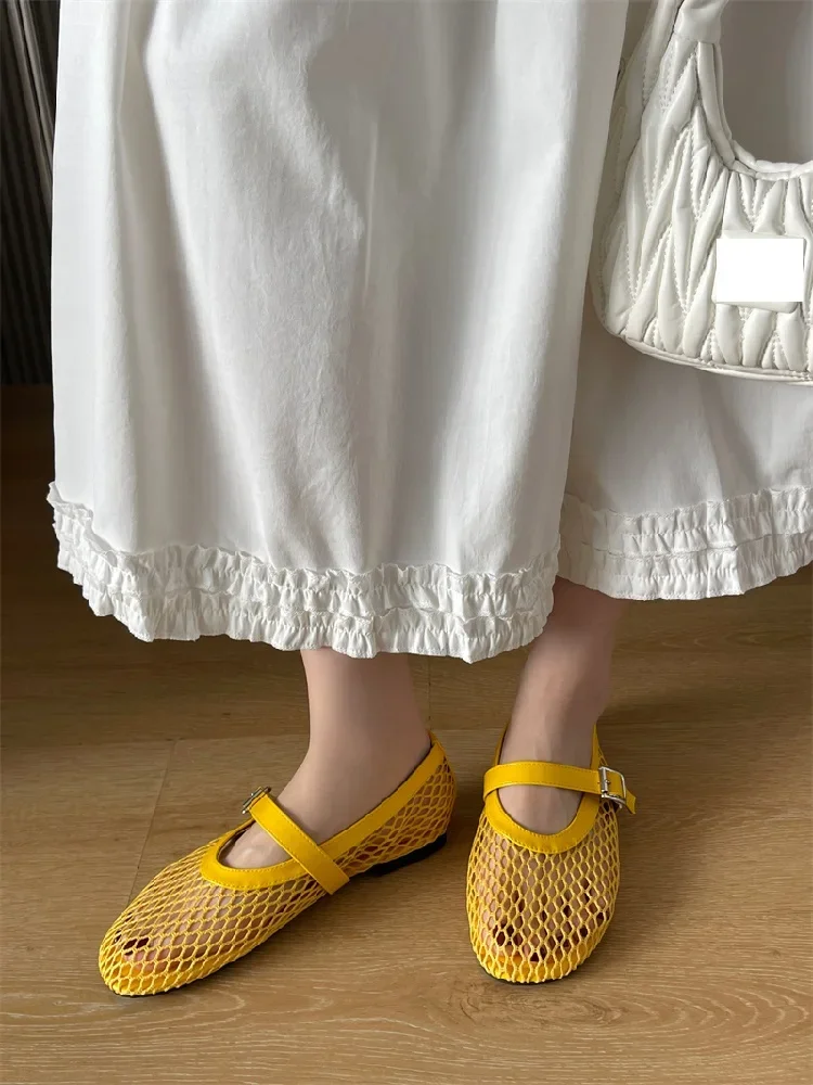 Eilyken Summer Designer Cosy Mesh Heels Women Flat Shoes Fashion Round Toe Buckle Strap Casual Outdoor Dress Sandals