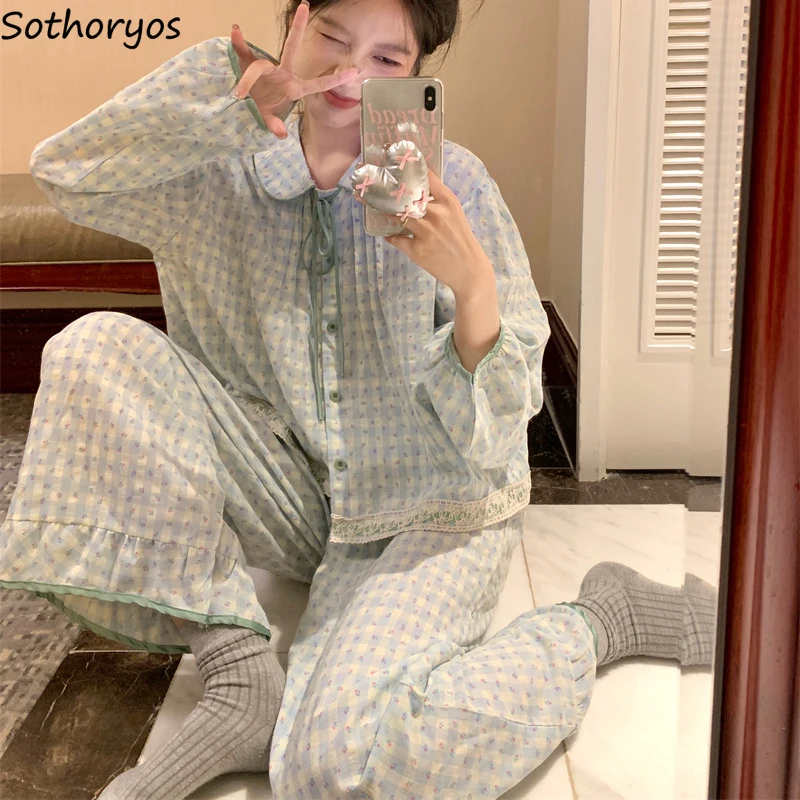 

Pajama Sets for Women Lace-up Design Casual Floral Ins Style Long-sleeved Trousers Sweet Homewear Autumn Pyjamas Harajuku Chic