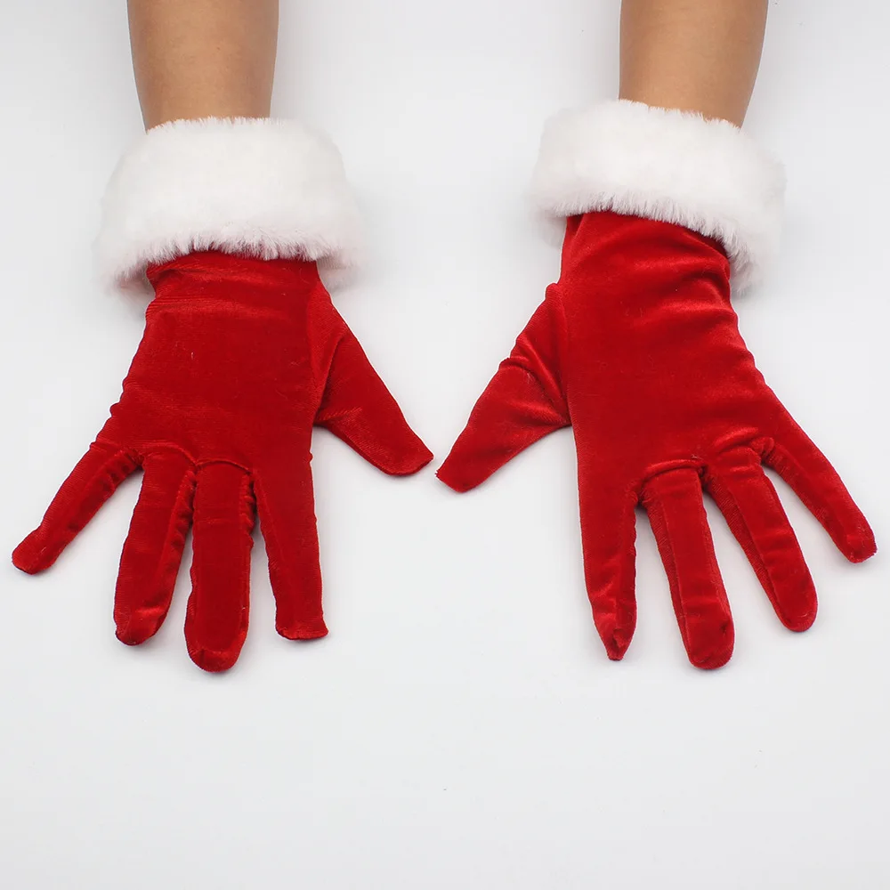 Christmas Evening Stage Performance Etiquette Gloves Cosplay Short White Feathers Red Velvet Mittens Women Autumn Winter Warm