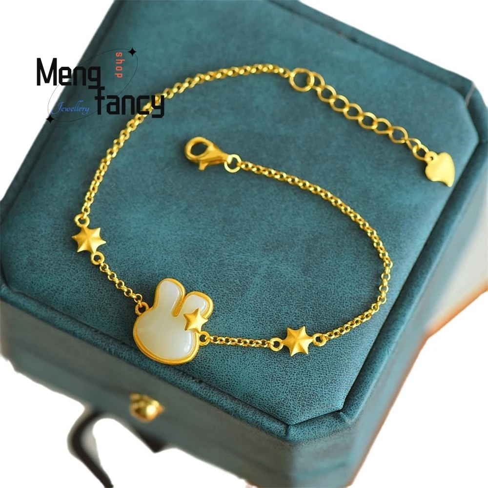 S925 Silver Natural Hetian Jade Rabbit Exquisite Elegant Simple High-grade Bracelet Luxury Fashion Jewelry Couple Holiday Gifts