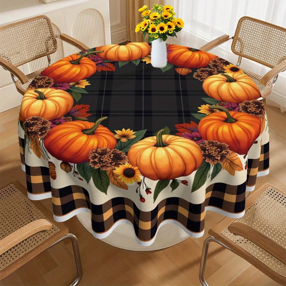 One tablecloth, a circular tablecloth with a Christmas and harvest theme, featuring designs of pumpkins, flowers and checks.zyc