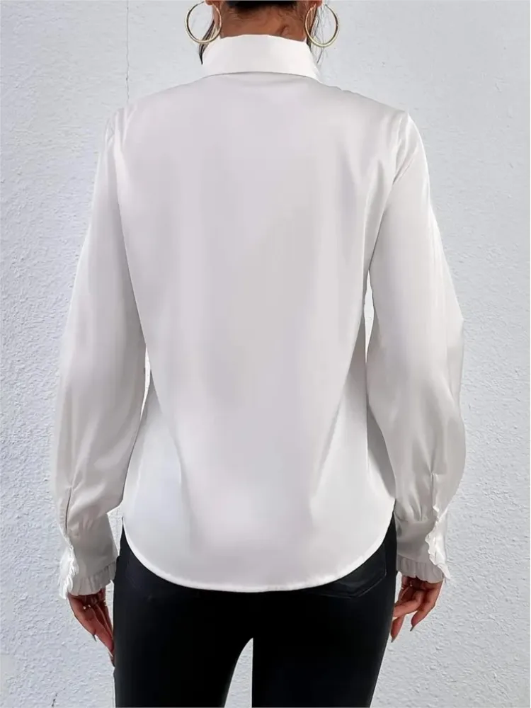 Camisa Blusa blanca para mujer, moda de primavera y otoño, camisa informal decorativa en capas con volantes y manga larga para mujer, ropa superior de oficina