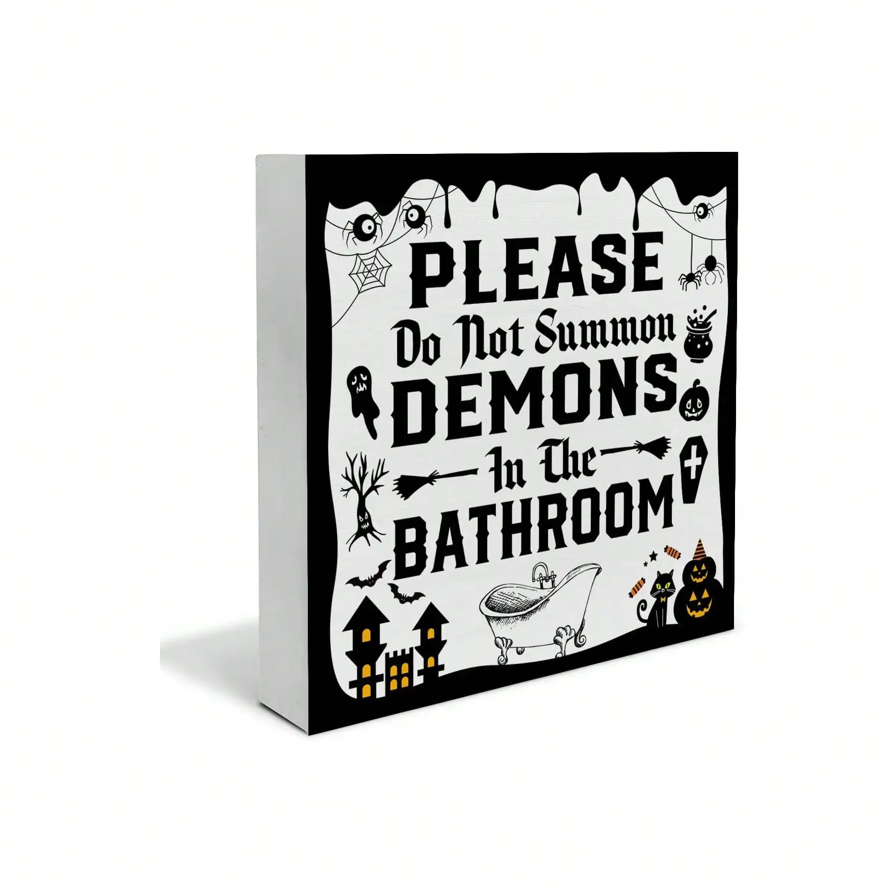1pc Halloween Bathroom Sign Decor Halloween Witchy Please Do Not Summon Demons In The Bathroom Wood Box Sign