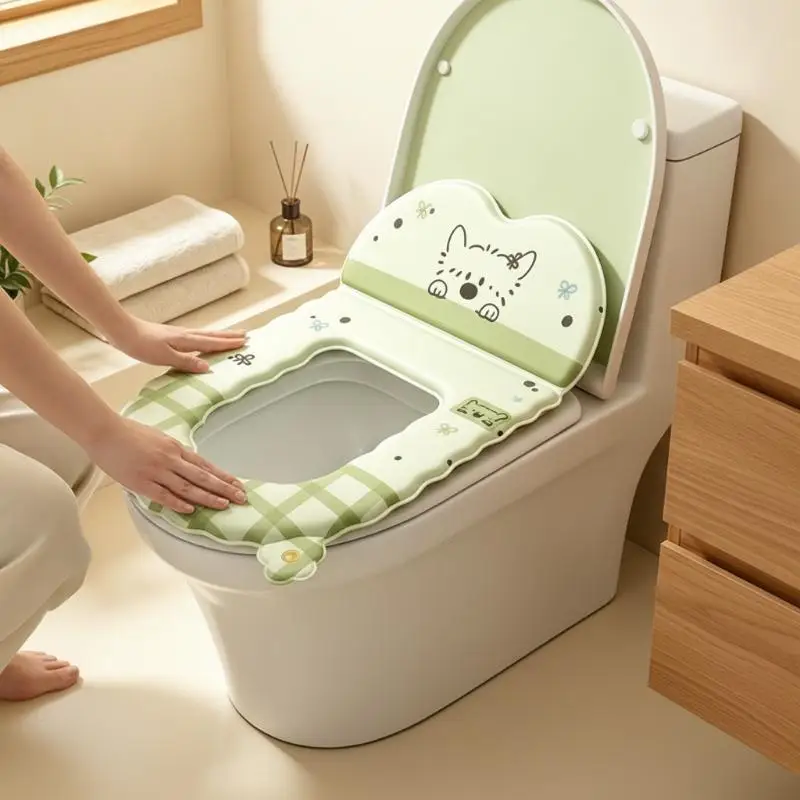 Thickened Toilet Seat Cover with Backrest Non-Slip Waterproof Warm Comfort Pad for Home Bathroom Winter Use