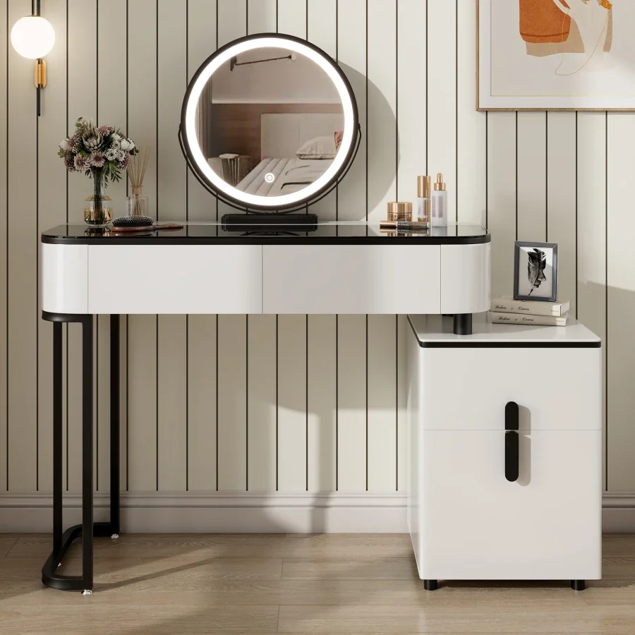 Modern Vanity Table with Tempered Glass Top, Adjustable Height Legs, Multi-functional Storage Cabinet and Round Mirror, White a