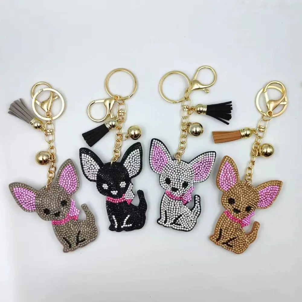 Fashion Gold Color Chihuahua Keychain Cute Animals Bag Pendant Dog Keyring Puppy Tassel Crystal Keychain Bag Accessories