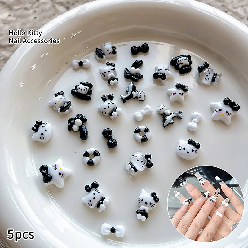 5Pcs Sanrios  Black Skin Hello Kitty Nail Art Accessories Cartoon Resin Nails Charms Diy Jewelry Decoration ﻿