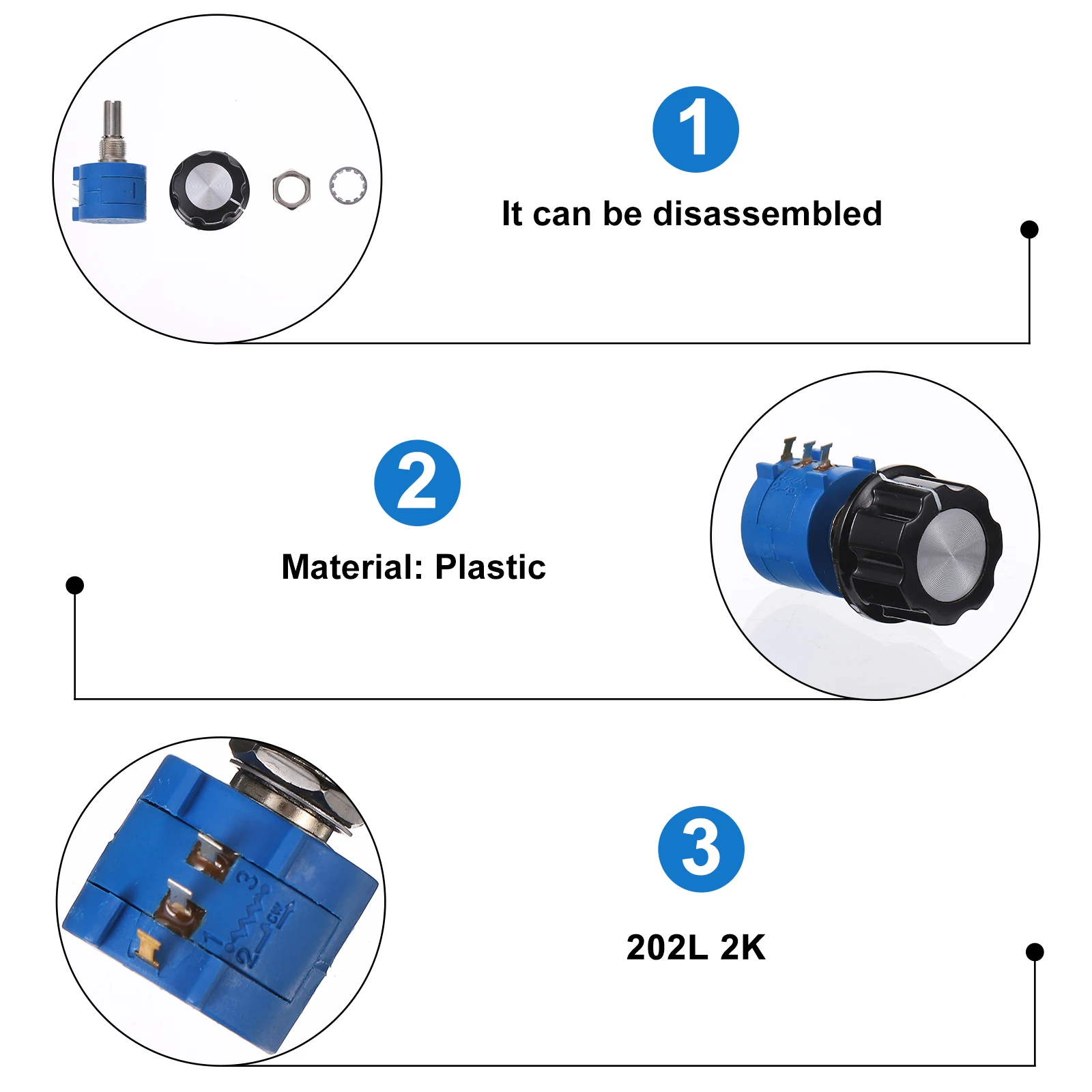 

1Set Rotary Potentiometer Plastic 202L 2K Precision Wire Wound Low Resistance Deviation Trimmer Resistor Accessory Motor Speed