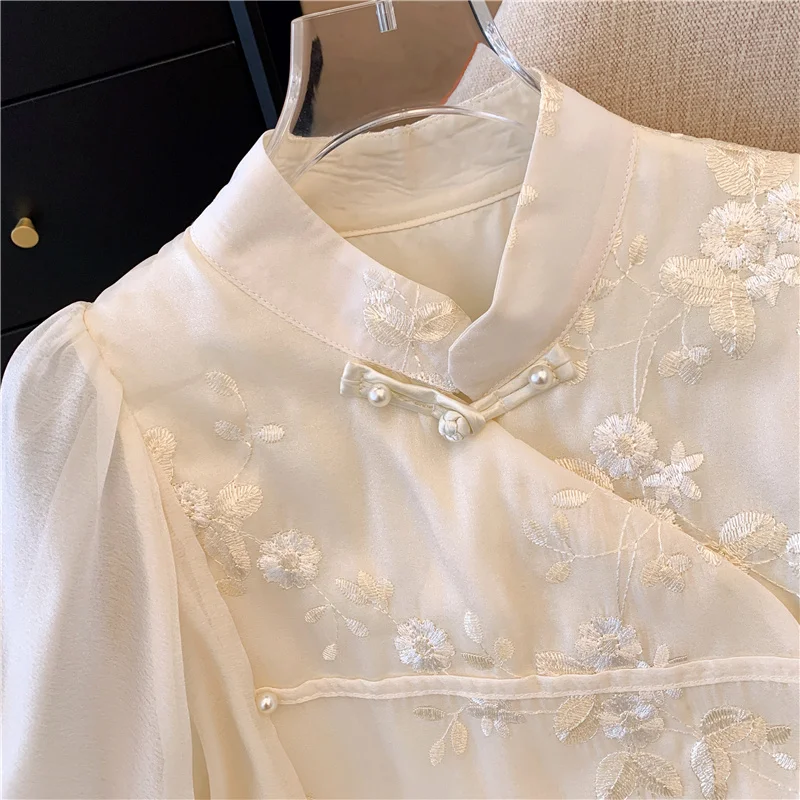 Chiffon Women\'s Shirts Embroidery Chinese Style Blouses Summer Fashion Clothing Loose Short Sleeve Women Tops