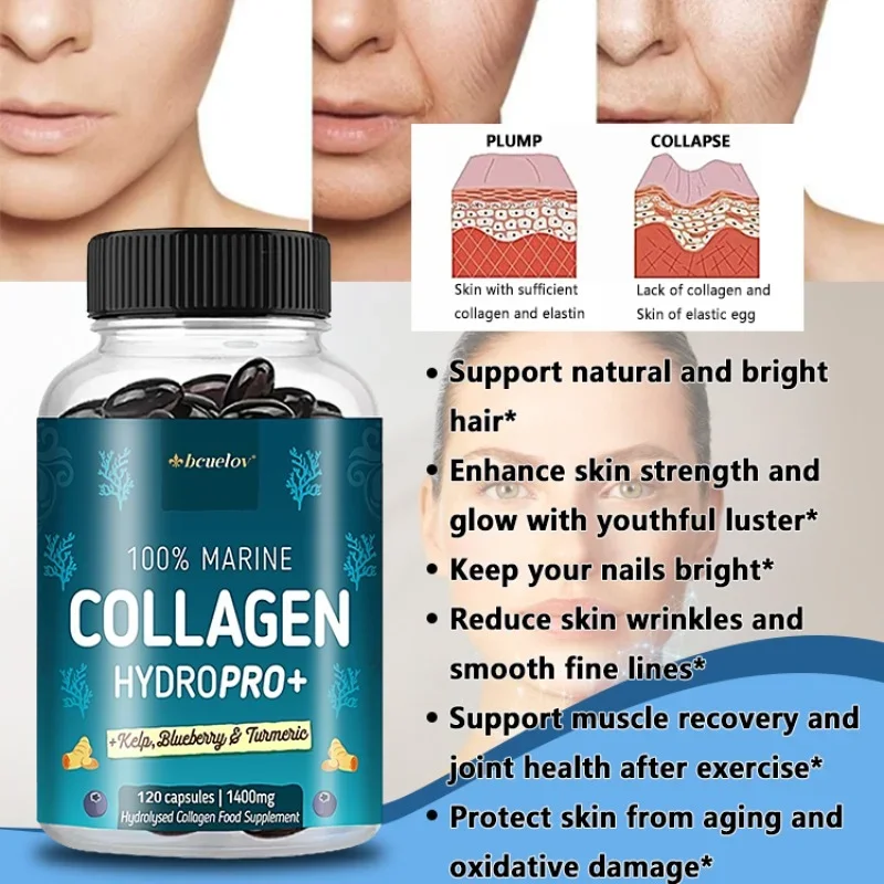 100%Potent Marine Collagen - with Hyaluronic Acid, Biotin & Blueberry -1400mg Hydrolyzed Collagen Supplement Vitamins & Minerals