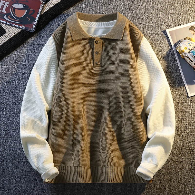 

Мужской вязаный свитер, искусственный дизайн из двух предметов, пуловер с отложным воротником и длинным рукавом, осенний повседневный модный свитер для подростков