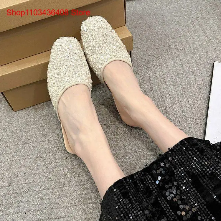 Summer Sequins High-End Temperament Casual Flat Bottomed Cool Slippers Half Flip Flops Shoes for Women