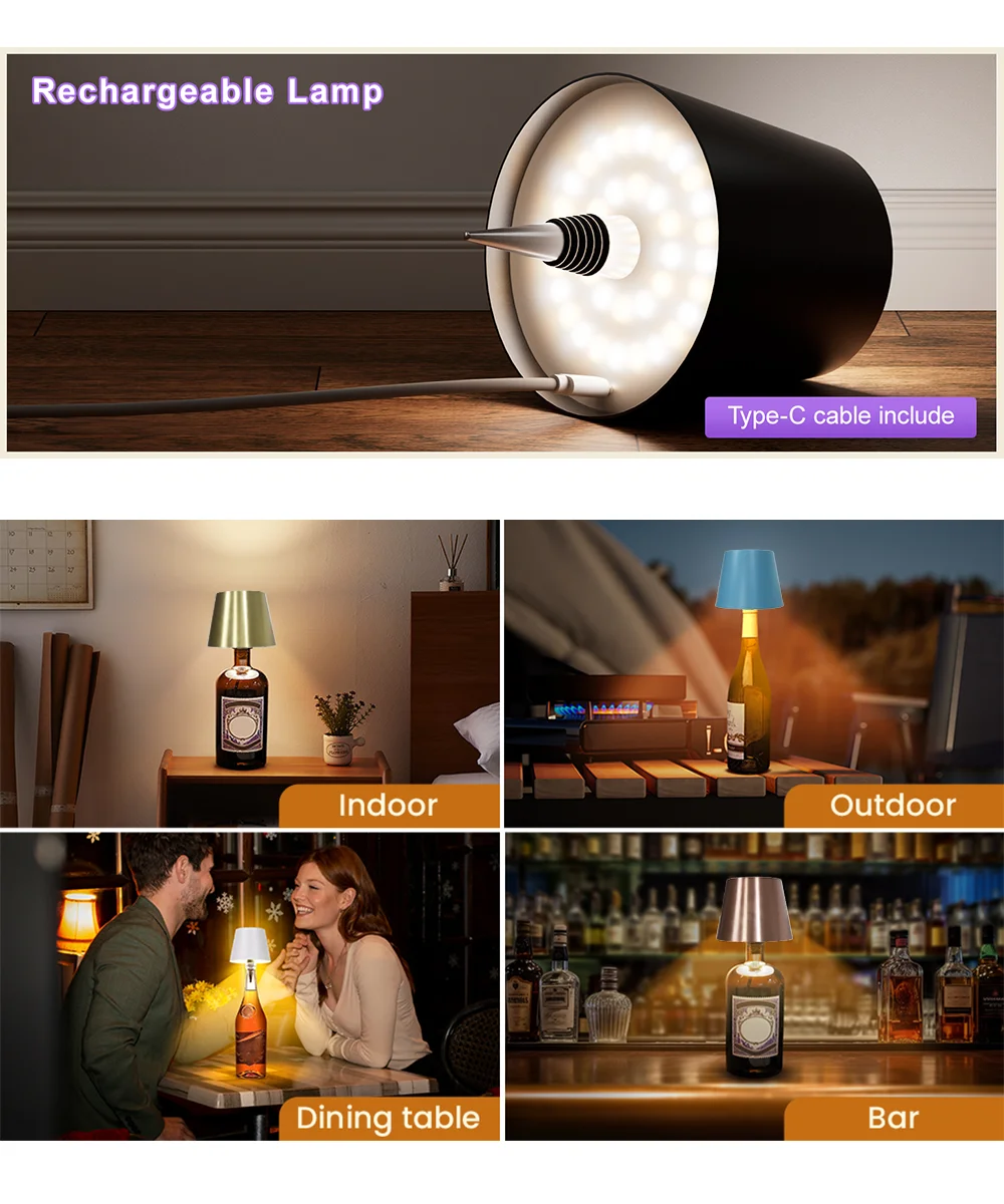 Wireless Bottle Lamp LED Wine Bottle Base Rechargeable Vases Led Light Battery Operated Bar Dining Mushroom Lamp Holder Decor