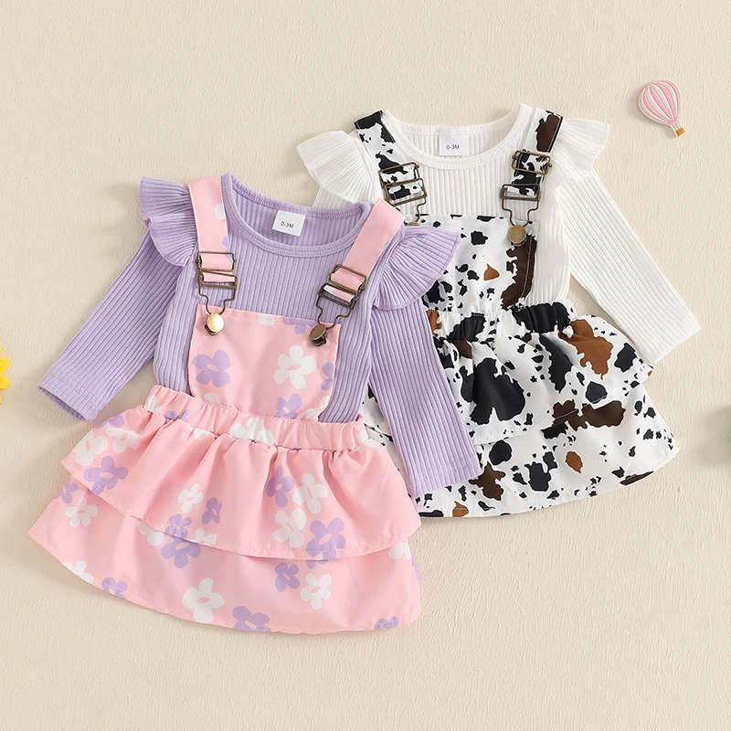 

Baby Girls 2Pcs Fall Outfits Long Sleeve Ribbed Romper + Suspender Skirt Set Newborn Lovely Clothes Set