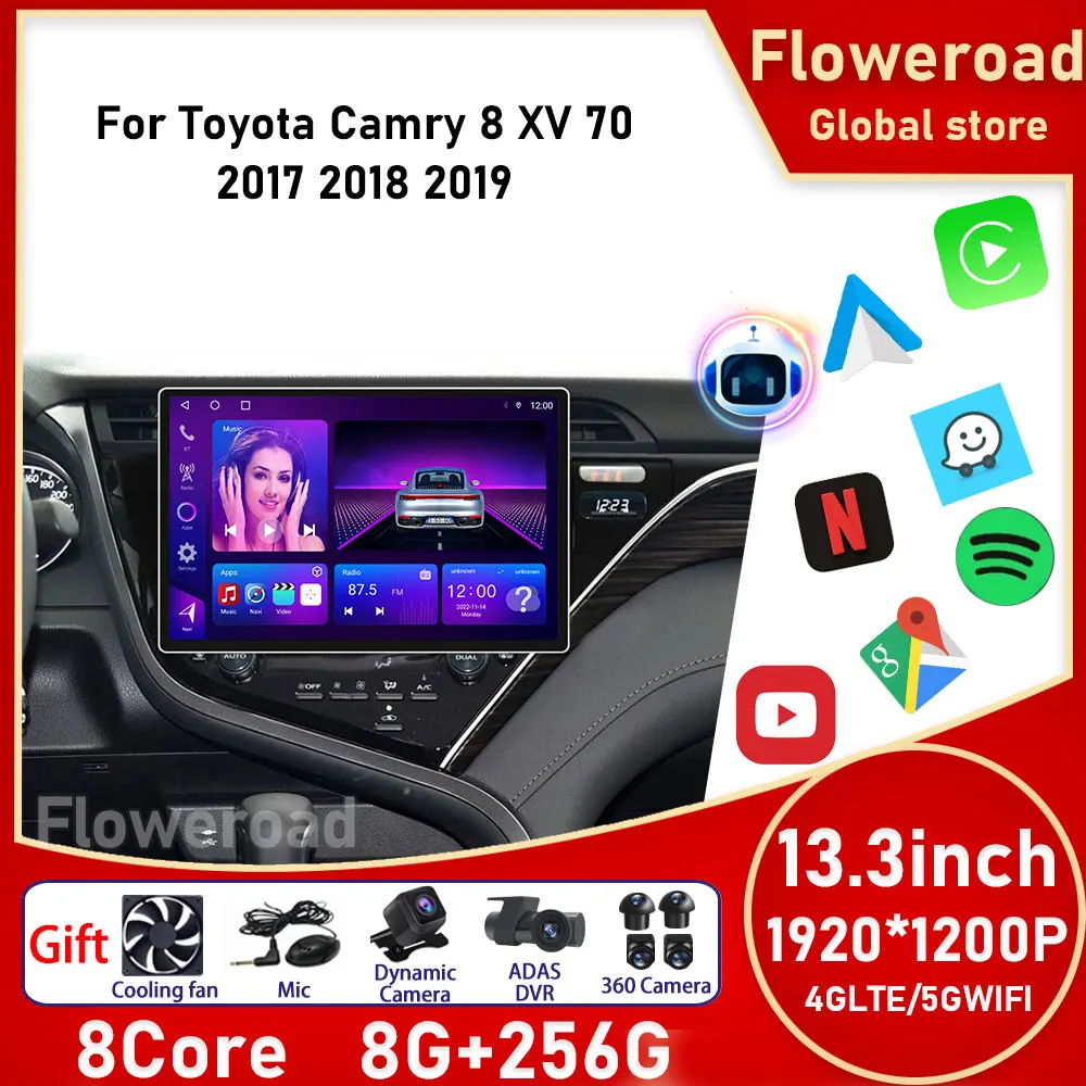 

For Toyota Camry 8 XV 70 2017 2018 2019 Android Car Multimedia Player 8+256G ROM DSP Auto Radio WIFI 4G LTE with Carplay BT GPS