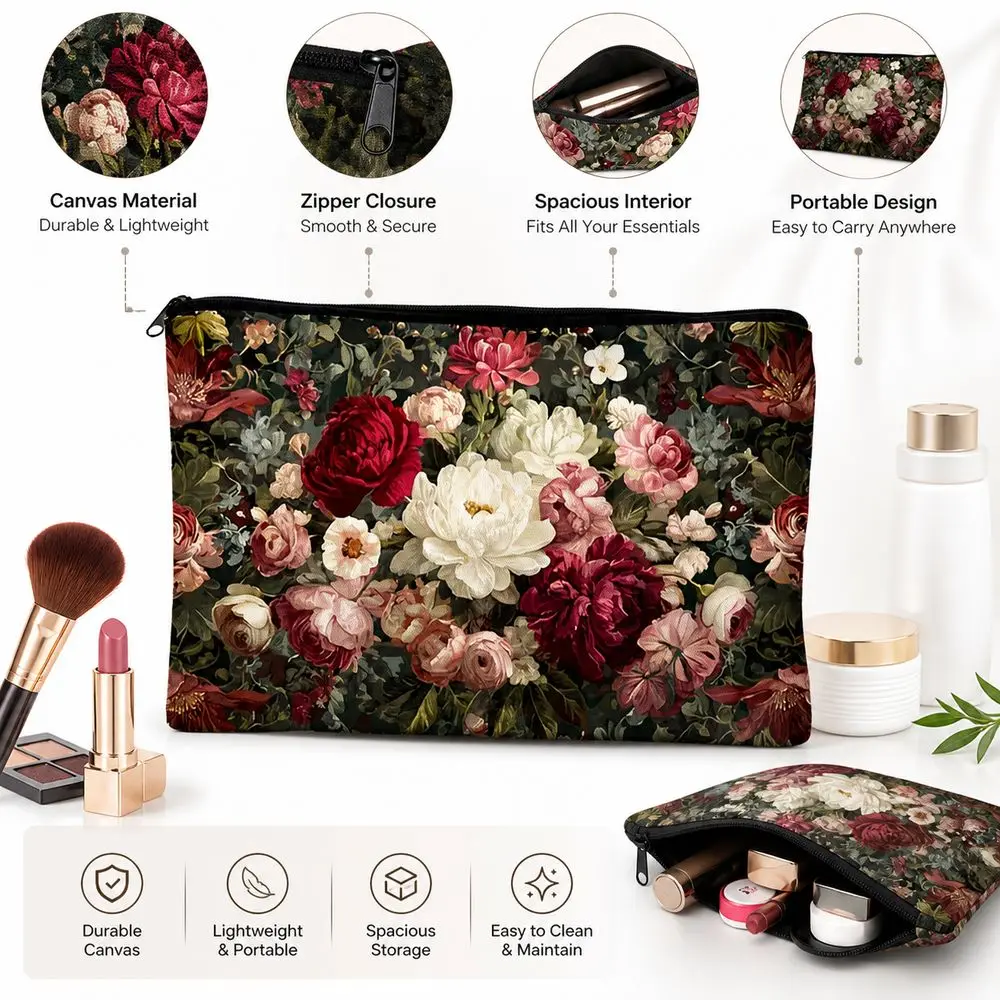 Zipper Closure Makeup Bag Printed Pattern Rectangular Shape Cosmetic Bag Portable Wide Storage Space Toiletry Bag Makeup Storage