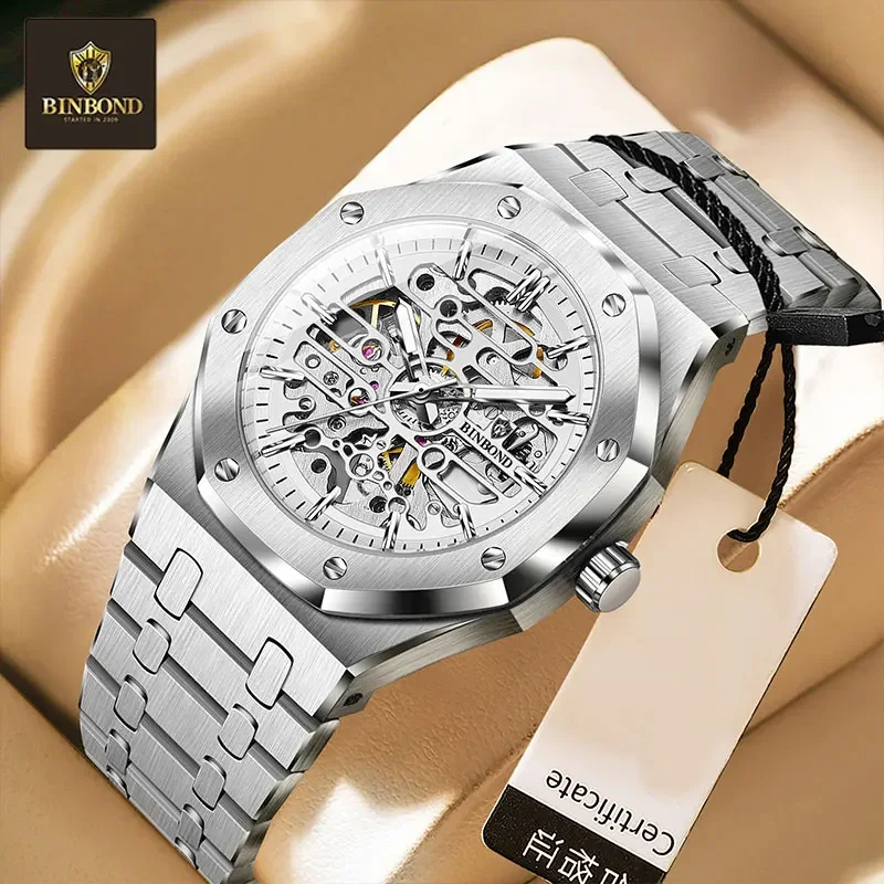 

BINBOND модные спортивные мужские часы из нержавеющей стали автоматические механические наручные часы деловые мужские часы-скелетон Reloj Hombre