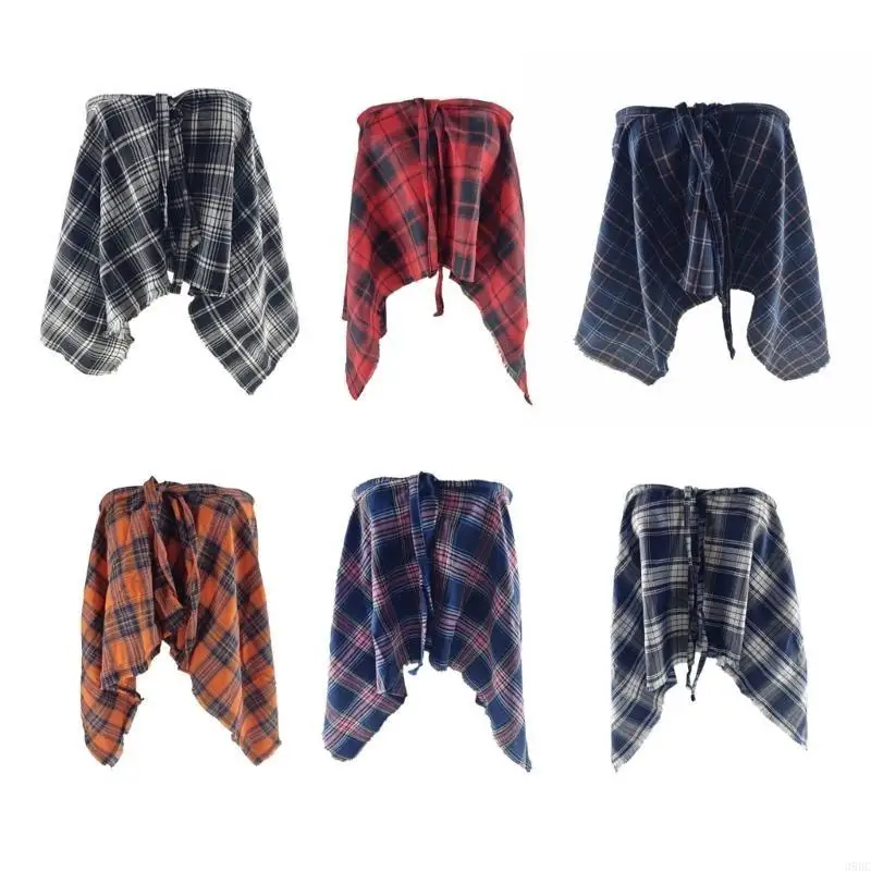 39BC Checekered A خط المئزر تنورة تراكب تنورة التعادل التستر ممزق تقليم غير النظامية التفاف نصف تنورة قميص موسع