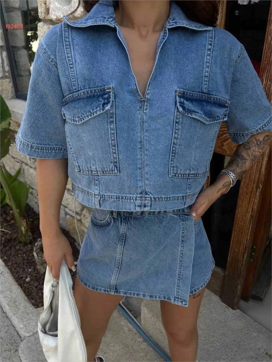 Solid Denim 2 Piece Set 2024 New V Neck Pocket Cropped Tops+Irregular Shorts Skirts Streetwear Fashion Summer Suits For Women