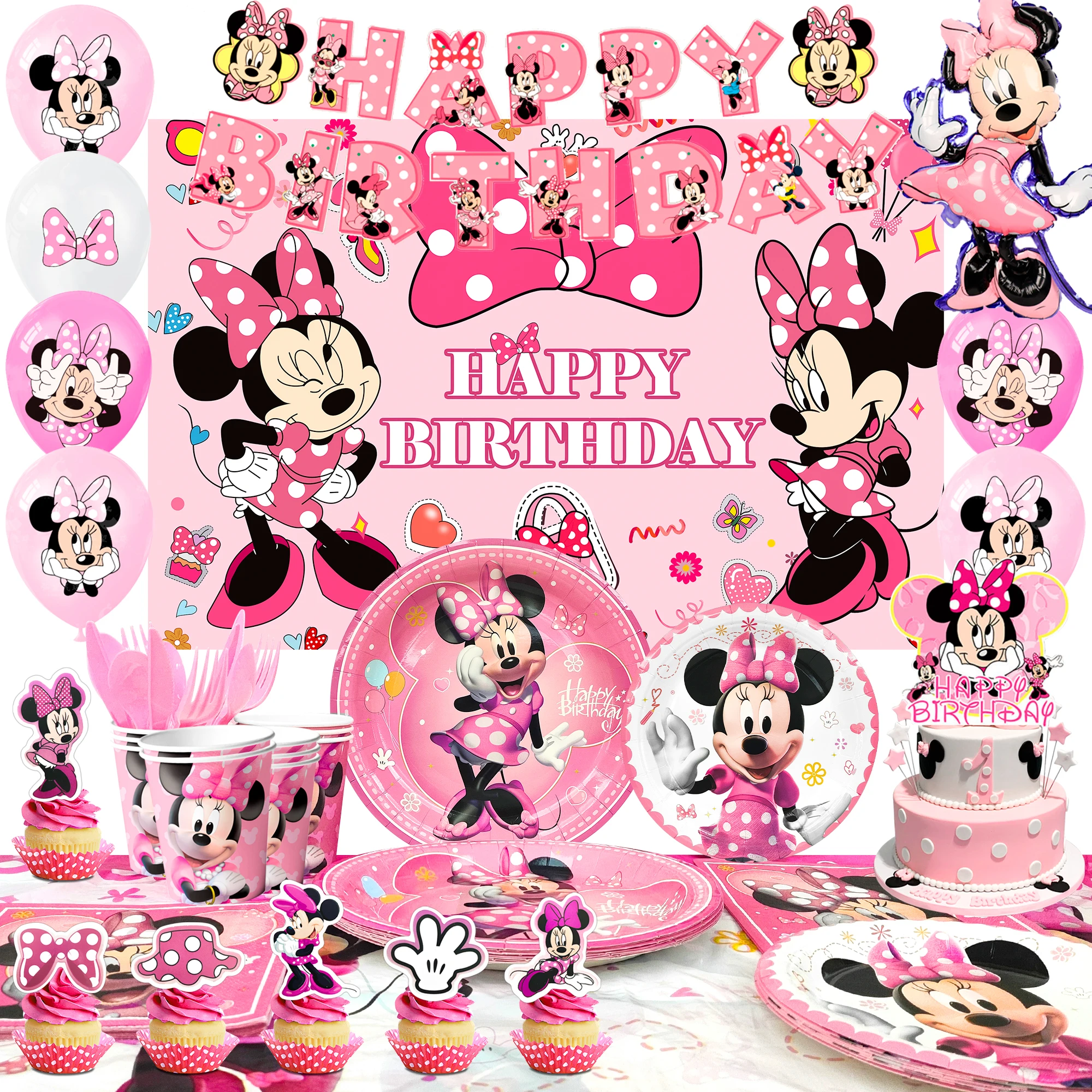 Fournitures de fête d'anniversaire Disney Minnie, 113 pièces, fournitures de fête Minnie et assiettes de table, ballons de bannière, etc., décorations de fête Minnie