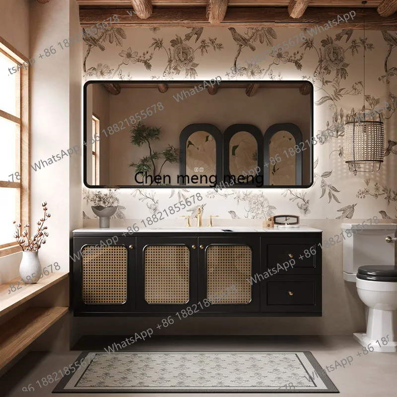 

French retro rattan bathroom cabinet combination all solid wood washing table rock slab hot bending integrated basin