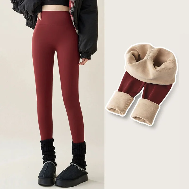 Leggings da donna in pile caldo autunno inverno velluto addensato leggings elastici attillati a vita alta streetwear moda pantaloni di pelle di squalo rosso