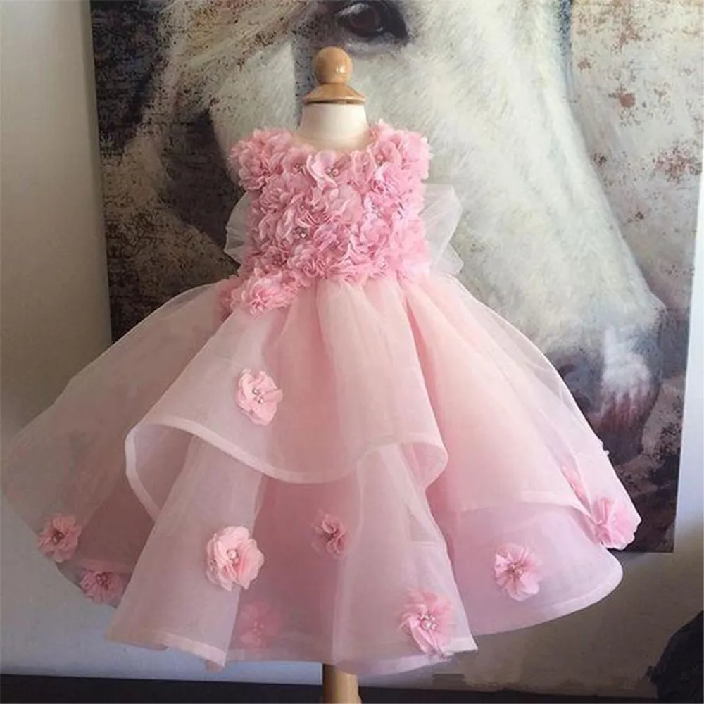 Rosa Blumen mädchen Kleider für Hochzeiten Tüll Ballkleid ärmellose flauschige Applikation für kleine Mädchen Erstkommunion Party kleider