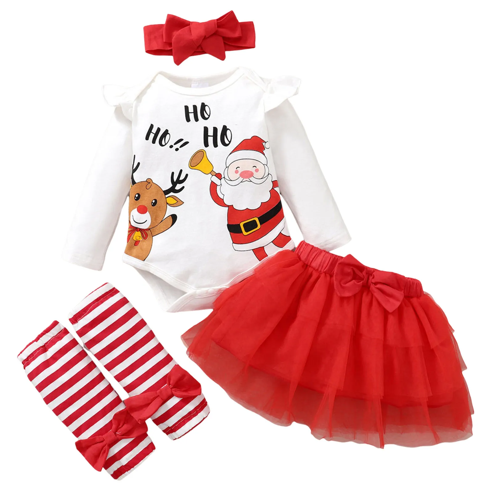 Toddler Kids Girls My First New Year Costume For Baby Santa Romper+Red Skirts+Knee Pads+Headband 4pcs Baby Christmas Outfit Girl