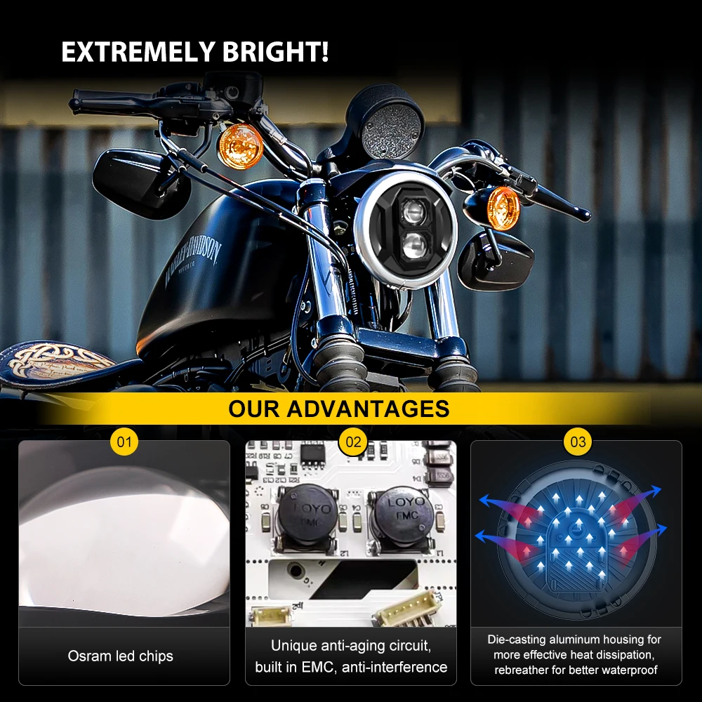 E-mark DOT Approved 7" Inch Motorcycle LED Headlight DRL Lamp For Harley Davidsion Yamaha BMW Lada Jeep JK Chevy Ford Headlamp view 3