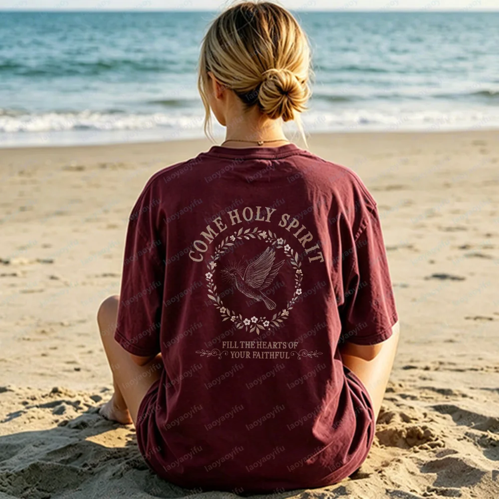 Come Holy Spirit T-Shirts Catholic Feminine Shirt Vintage Classic Casual Wear for Believers Trendy Summer Clothes for Women