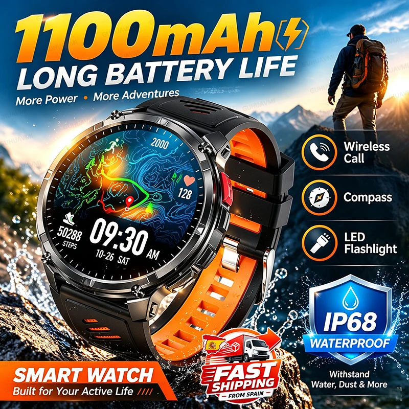 2026New Military 1100mAh Battery Smart Watch 120-Day Standby Motion Trajectory IP68 Impermeable Tactiques de Surveillance de la Santé LED Flashlight Outdoor Boussole Sport Fitness Watch
