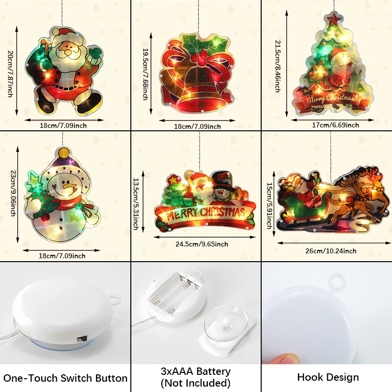 أضواء زينة عيد الميلاد، مصباح نافذة عيد الميلاد LED مع كوب شفط، مصباح نافذة معلق يعمل بالبطارية مع كوب شفط