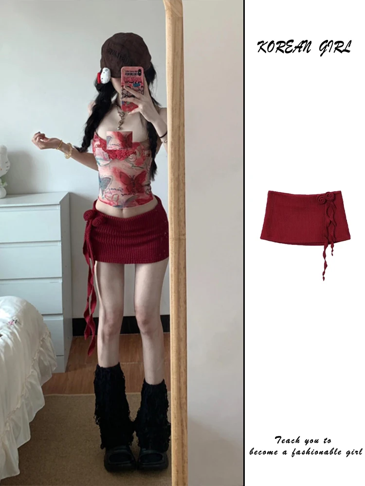 Low-Waist Red Rose Sa  Skirt Women's A-Line Slim-Fit ort Skirt Summer Design Trendy Commute Sle Inner Lined Vintage
