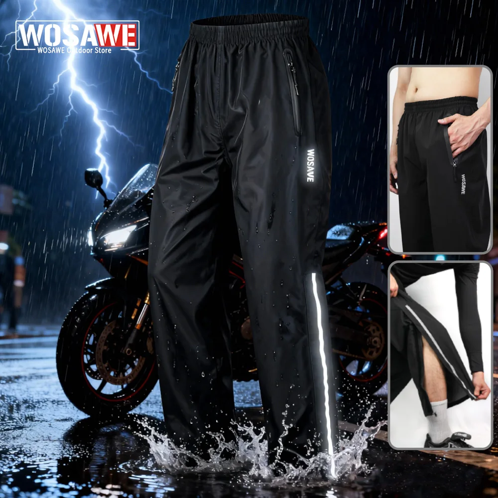 

WOSAWE Motorcycle Rain Pants Men Women Waterproof Reflective Impermeable Motocross Trousers Leg Zippers Hiking Fishing Rain Gear