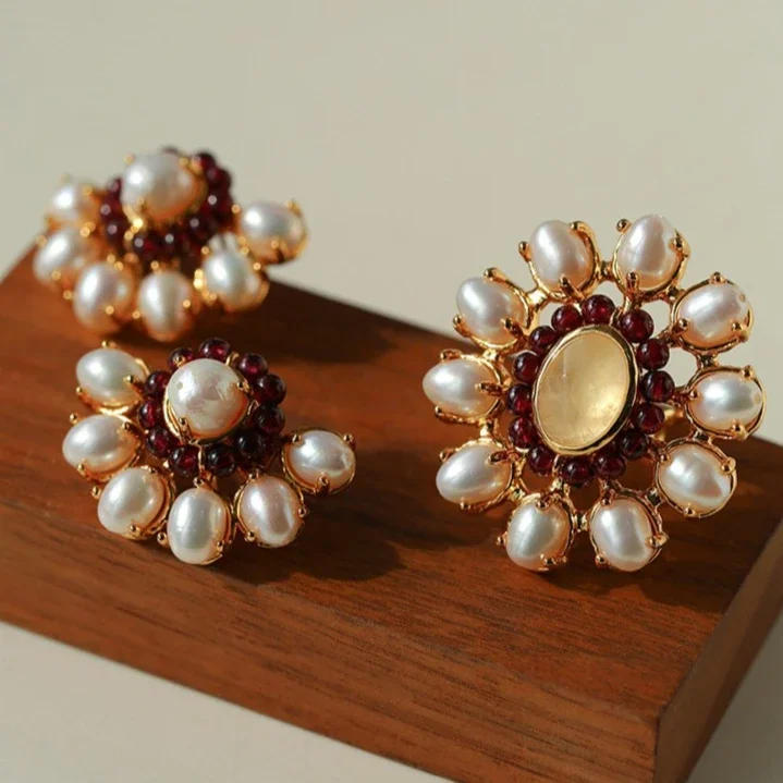 

Europe Classic Natural Pearl Crystal Stone Ring Earring Luxury Set Woman Top Quality Jewelry Trend
