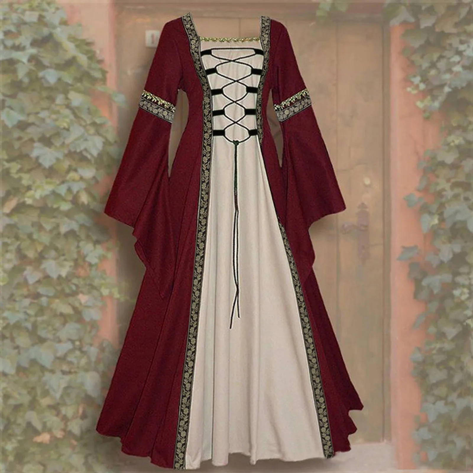 Women European Medieval Court Fancy Cosplay Costume Carnival Vintage Strapless Long Sleeve Queen Elegant Hollow Party Dress