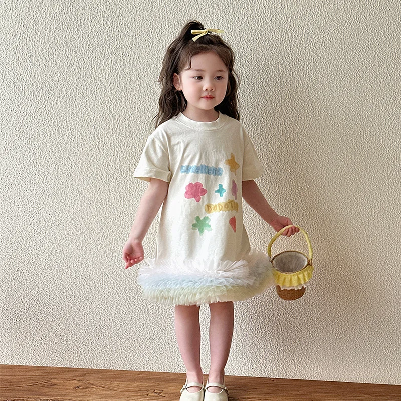 

Girls Dress 2025 Summer New Korean Version Short Sleeve T-Shirt Baby Girl Mesh Sweet Princess Dress